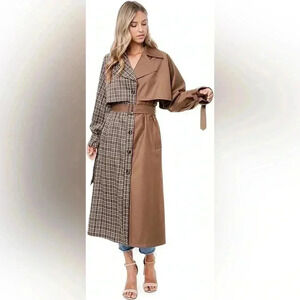 Tov Colorblock Plaid Classic Trench Coat